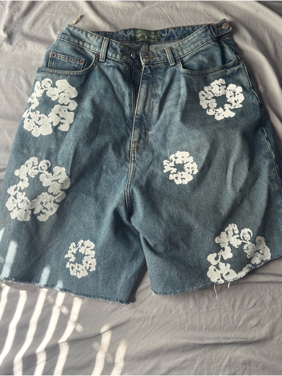 Denim Tears Other - Men's Blue Denim Jean Shorts with White Floral Rings